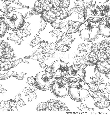 Seamless pattern of cauliflower, parsley, onion and tomatoes. Vector ink styled illustration. For packaging design, cards, cover, prints, product labels and fabric. Seamless pattern of cauliflower, parsley, onion and tomatoes. Vector ink styled illustration. For packaging design, cards, cover, prints, product labels and fabric. 137892687