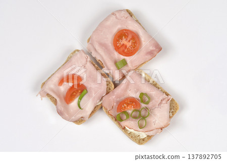 Three Small Open Faced Ham Sandwiches Top View Three Small Open Faced Ham Sandwiches Top View 137892705