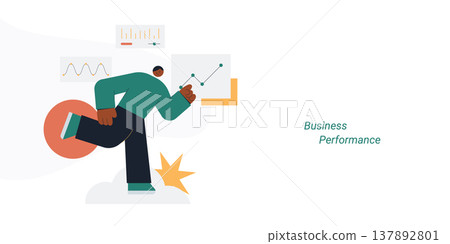 Flat style illustration of a person pointing at an upward growing line chart with data dashboard panels, representing business performance, growth analytics and success concept. 137892801