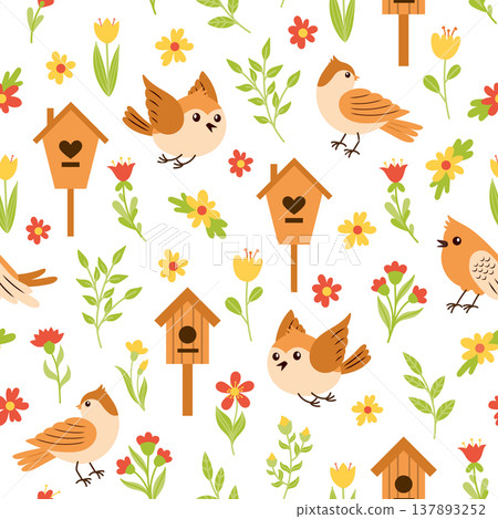 Seamless pattern with birds, flowers and birdhouses Seamless pattern with birds, flowers and birdhouses 137893252