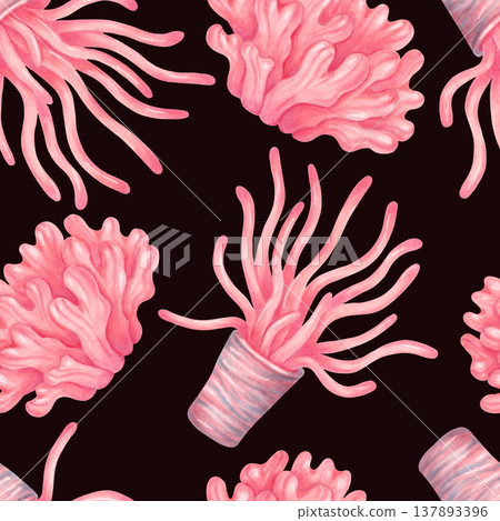 Peach colored sea anemones with tentacles and lush corals. Seamless pattern with marine animals. Watercolor illustration. Hand drawn background. Image for children's design, fabric and textiles. Peach colored sea anemones with tentacles and lush corals. Seamless pattern with marine animals. Watercolor illustration. Hand drawn background. Image for children's design, fabric and textiles. 137893396
