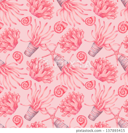 Seamless pattern with corals, shells and starfish. Watercolor illustration. Isolated peach background, hand drawn. Marine underwater animals for textiles, wallpaper, summer clothing and fabrics Seamless pattern with corals, shells and starfish. Watercolor illustration. Isolated peach background, hand drawn. Marine underwater animals for textiles, wallpaper, summer clothing and fabrics 137893415