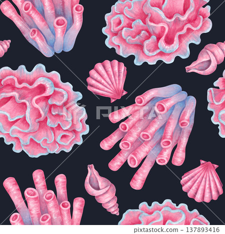 Seamless marine pattern of tube corals, shells and scallops. Watercolor illustration of underwater animals. Hand drawn background. Underwater tropical art for fabric, paper and textiles 137893416