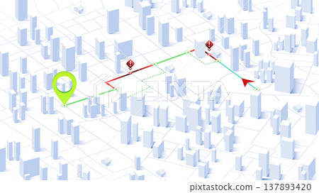 Navigation to poi. Closed turns of the route, district, road. Simple 3d isometric city. Location tracks dashboard. Generic city map with signs of streets, roads, house. Vector illustration Navigation to poi. Closed turns of the route, district, road. Simple 3d isometric city. Location tracks dashboard. Generic city map with signs of streets, roads, house. Vector illustration 137893420