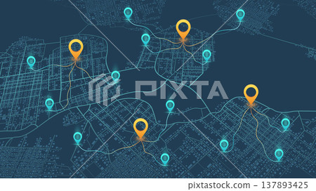 An abstract navigation plan highlights POI including city streets, blocks. City map featuring directional signs, an intended goal point, and multiple markers. Editable vector illustration An abstract navigation plan highlights POI including city streets, blocks. City map featuring directional signs, an intended goal point, and multiple markers. Editable vector illustration 137893425