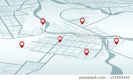 Isometric town roadmap with river and streets showing red location pointers for navigation or delivery. Vector illustration. Isometric town roadmap with river and streets showing red location pointers for navigation or delivery. Vector illustration. 137893445
