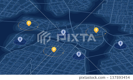 Smart city energy infrastructure map with location markers showing electric vehicle charging points and power distribution grid. Vector illustration. Smart city energy infrastructure map with location markers showing electric vehicle charging points and power distribution grid. Vector illustration. 137893454