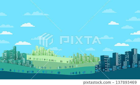Green rolling hills landscape featuring modern city skyline and blue clouds. Vector illustration. 137893469