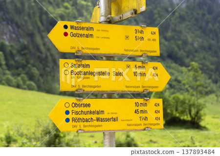Signposts at lake Obersee, lake Konigssee, in the Berchtesgaden Alps, Bavaria, Germany 137893484