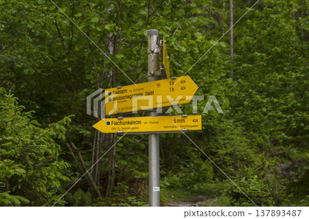 Signposts at lake Obersee, lake Konigssee, in the Berchtesgaden Alps, Bavaria, Germany Signposts at lake Obersee, lake Konigssee, in the Berchtesgaden Alps, Bavaria, Germany 137893487