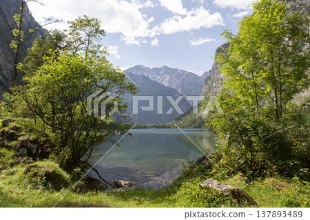Picturesque view of lake Obersee, lake Konigssee, in the Berchtesgaden Alps, Bavaria, Germany 137893489