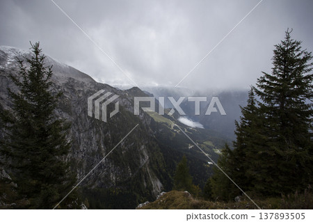 Panoramic view from Kehlstein mountain towards lake Konigssee in autumn, Bavaria, Germany Panoramic view from Kehlstein mountain towards lake Konigssee in autumn, Bavaria, Germany 137893505