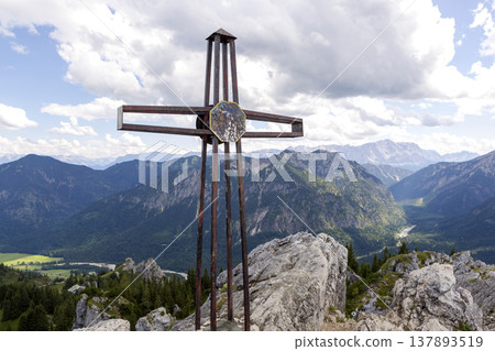 Summit cross of mountain Teufelstaettkopf in Bavaria, Germany Summit cross of mountain Teufelstaettkopf in Bavaria, Germany 137893519