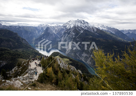 Panoramic view from Jenner mountain towards lake Konigssee, in autumn, Bavaria, Germany Panoramic view from Jenner mountain towards lake Konigssee, in autumn, Bavaria, Germany 137893530