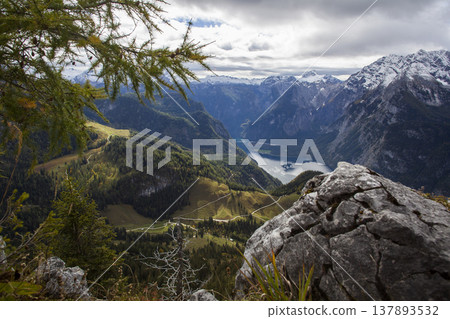 Panoramic view from Kehlstein mountain towards lake Konigssee, in autumn, Bavaria, Germany Panoramic view from Kehlstein mountain towards lake Konigssee, in autumn, Bavaria, Germany 137893532