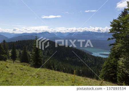 Panorama mountain view from Jochberg to lake Walchensee 137893534