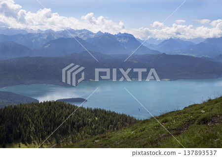 Panorama mountain view from Jochberg to lake Walchensee Panorama mountain view from Jochberg to lake Walchensee 137893537