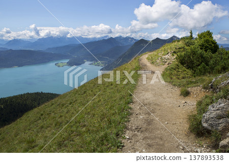 Panorama mountain view from Jochberg to lake Walchensee Panorama mountain view from Jochberg to lake Walchensee 137893538