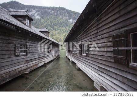 Old boathouse at lake Konigssee in autumn, Bavaria, Germany Old boathouse at lake Konigssee in autumn, Bavaria, Germany 137893552
