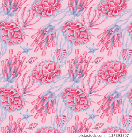 Seamless marine pattern with corals, shells, seaweed and starfish. Watercolor illustrations of underwater creatures. A tropical ocean vibe for fabric, wallpaper and textiles. Hand drawn background. Seamless marine pattern with corals, shells, seaweed and starfish. Watercolor illustrations of underwater creatures. A tropical ocean vibe for fabric, wallpaper and textiles. Hand drawn background. 137893807