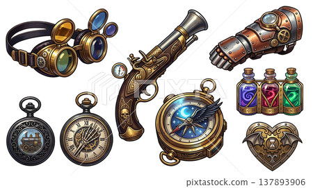 復古蒸氣龐克武器、配件和角色扮演遊戲物品向量圖。 137893906