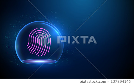 3d fingerprint inside transparent glass dome. Biometric protection, secure identity preservation, authentication safeguarding, digital data security, access control concept. 3d fingerprint inside transparent glass dome. Biometric protection, secure identity preservation, authentication safeguarding, digital data security, access control concept. 137894145