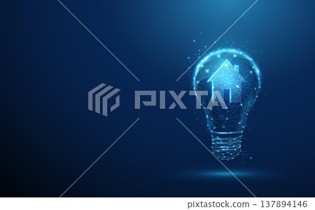 3d light bulb with home icon inside. Smart home innovation, idea for housing solutions, real estate technology, intelligent living concept, connected home systems concept. 137894146