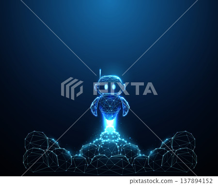 3d robot launching upward surrounded by clouds of smoke. AI startup launch, rapid deployment, technology breakthrough, innovation boost, automation activation concept. 137894152