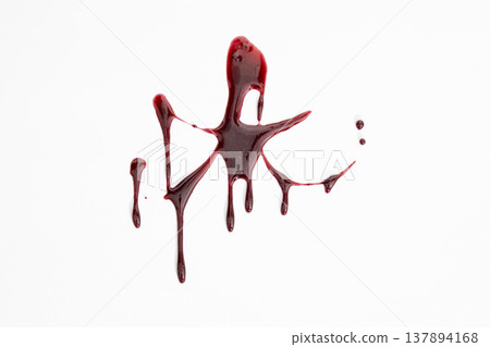 A blood spatter. A blood flowing down. Bloody pattern. Concepts of blood can be used in design. An image of dark crimson blood oozing and dripping down a stark white background. A blood spatter. A blood flowing down. Bloody pattern. Concepts of blood can be used in design. An image of dark crimson blood oozing and dripping down a stark white background. 137894168