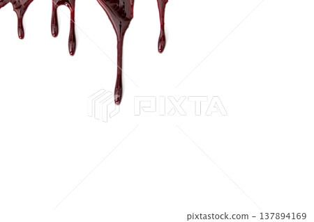 A blood spatter. A blood flowing down. Bloody pattern. Concepts of blood can be used in design. An image of dark crimson blood oozing and dripping down a stark white background. A blood spatter. A blood flowing down. Bloody pattern. Concepts of blood can be used in design. An image of dark crimson blood oozing and dripping down a stark white background. 137894169