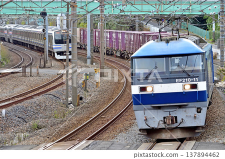 東海道本線,東戶塚 - 保土谷,JR貨運EF210-11(岡山),JR東日本E217系Y-6編組。 東海道本線,東戶塚 - 保土谷,JR貨運EF210-11(岡山),JR東日本E217系Y-6編組。 137894462