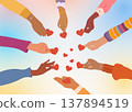 Diverse hands sharing hearts to symbolize charity donation kindness and community care 137894519