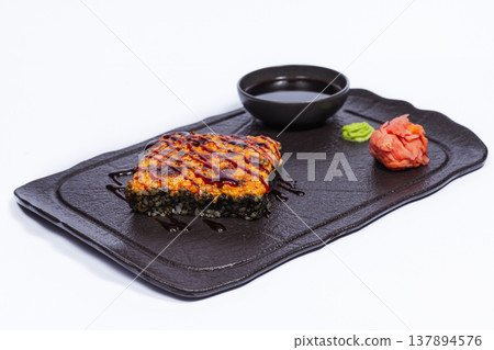 Charred Aburi Block Roll Slate Featuring Grill Marks, Glossy Sweet Glaze, Sesame Sprinkle, Soy Bowl, Charred Aburi Block Roll Slate Featuring Grill Marks, Glossy Sweet Glaze, Sesame Sprinkle, Soy Bowl, 137894576
