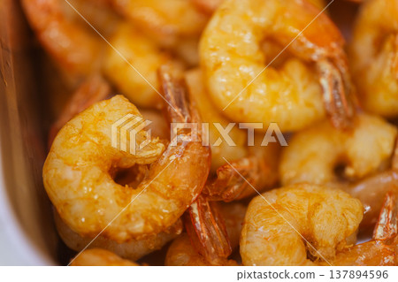 Glazed Juicy Shrimp Closeup Showcasing Glossy Surface And Succulent Texture, Chef Plating Glazed Juicy Shrimp Closeup Showcasing Glossy Surface And Succulent Texture, Chef Plating 137894596