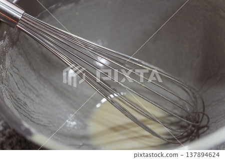 Metal Whisk In Stainless Vessel Whisking Light Vinegar Dressing, Airy Foam And Smooth Emulsion 137894624