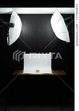 Studio Product Shoot Sushi Kitchen Setup. Commercial Food Styling Scene With Dual Softbox Lighting, Studio Product Shoot Sushi Kitchen Setup. Commercial Food Styling Scene With Dual Softbox Lighting, 137894635