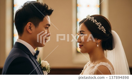 Wedding - Asian Bride and Groom Facing Each Other During Church Ceremony with Stained Glass Windows 137894898