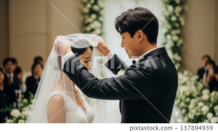 Wedding - Korean Groom Lifting Bride Veil During Elegant Indoor Ceremony With White Floral Arch 137894939
