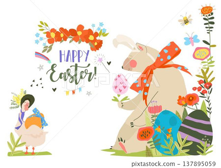 Easter Card with Flowers, Bear and Easter Eggs 137895059