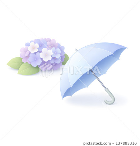 Minimalist 3D icons of hydrangeas and umbrellas (white background, rainy season) 137895310