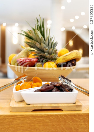 Dried apricots and dates on breakfast buffet 137895523