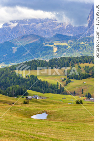 Alpe di Siusi, Italy aerial panorama, Dolomites Alpe di Siusi, Italy aerial panorama, Dolomites 137895530