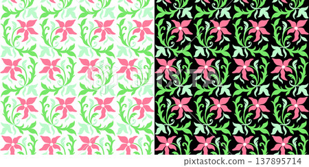 Delicate pink flowers and green leaves on white and black background. Plant seamless pattern. Curved leaves and flowers in ethnic style Delicate pink flowers and green leaves on white and black background. Plant seamless pattern. Curved leaves and flowers in ethnic style 137895714