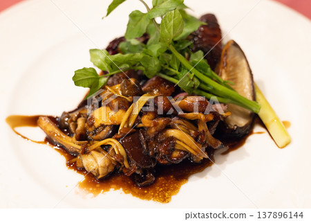 Delicious roasted French duck breast with balsamic sauce and roasted vegetables. 137896144