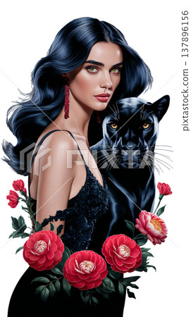 This image is a digital art portrait of a woman with long dark hair and a panther surrounded by flowers This image is a digital art portrait of a woman with long dark hair and a panther surrounded by flowers 137896156