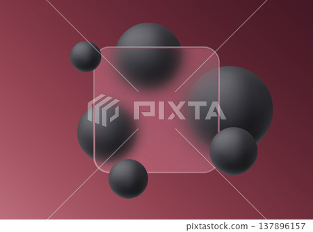 Glassmorphism panel with matte black spheres on red gradient background for modern UI concept 137896157
