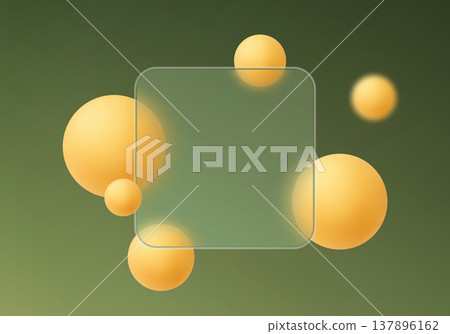 Glassmorphism card with glowing orange gradient spheres on green background for modern UI design 137896162