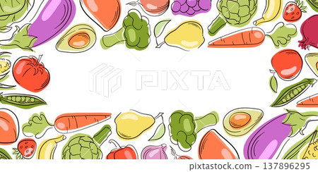 Hand drawn fruit and vegetable border. Flat style illustration background for healthy food menu, organic packaging and grocery store. 137896295