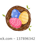 Easter colorful decorated eggs in the bird nest. View from above. Vector illustration in flat cartoon style. 137896342