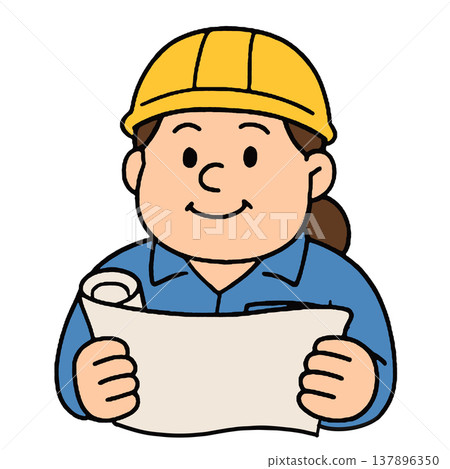 Female engineer, yellow helmet, blue uniform, holding blueprint, smiling, cartoon style Female engineer, yellow helmet, blue uniform, holding blueprint, smiling, cartoon style 137896350